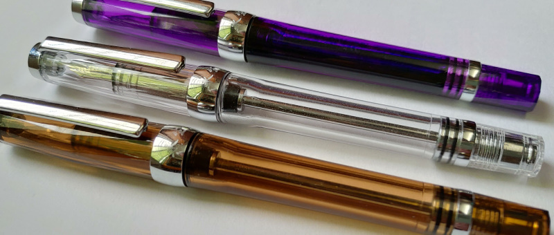 Vaccum Filling 3 PCS Yongsheng 3013 Transparent Fountain Pen Fine Nib Purple, Brown and Clear Transparent 