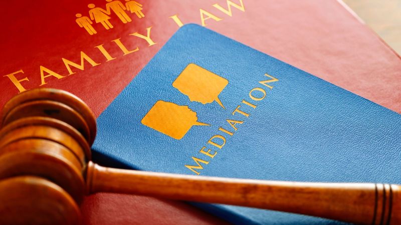 A family law mediation book and a court  hammer