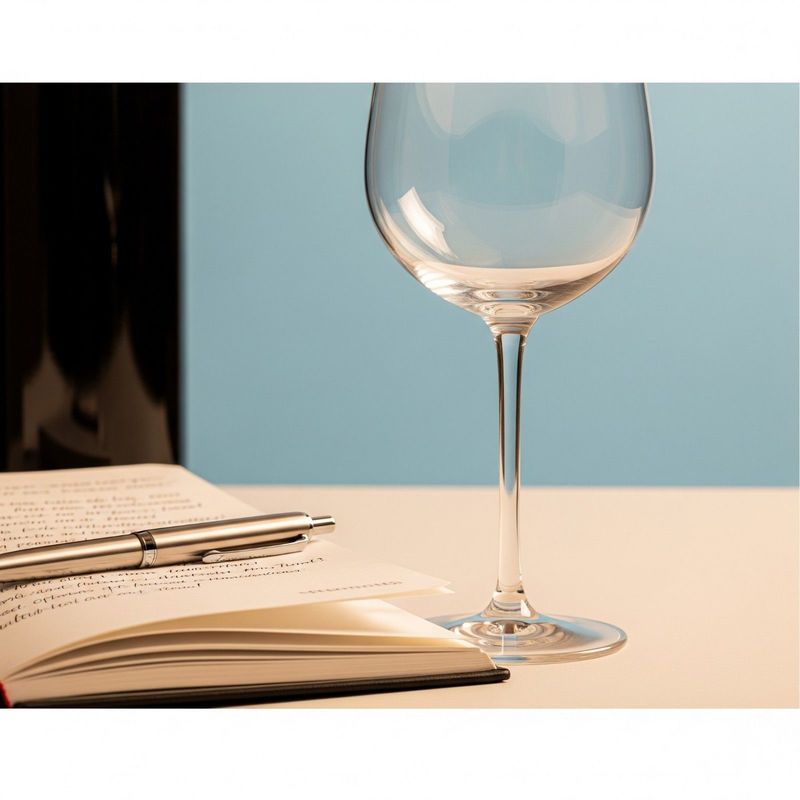 A sleek pen on an open notebook next to a sophisticated wine glass and a wine bottle  symbolizing mindful sipping for writers.