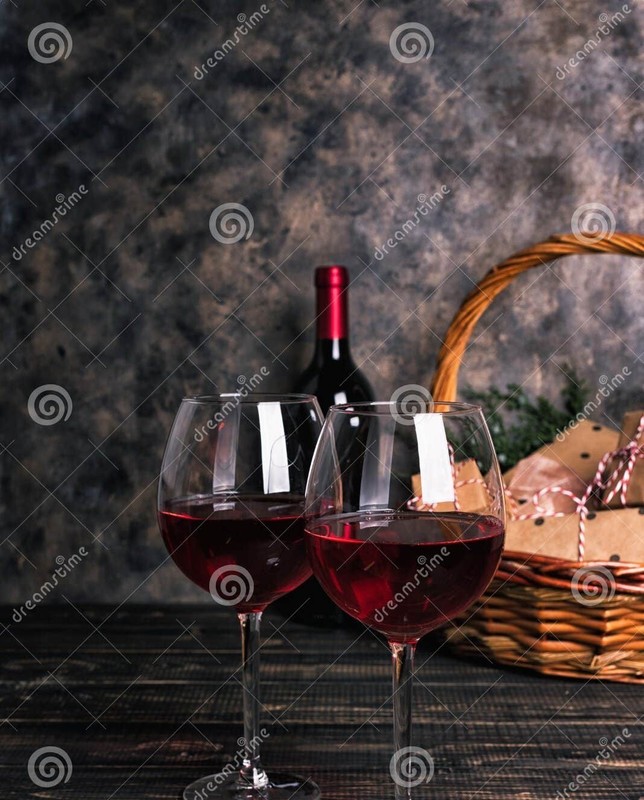 Bottle glasses red wine gift basket wooden table hamper boxes cookies valentine s day ornaments 208124017 66