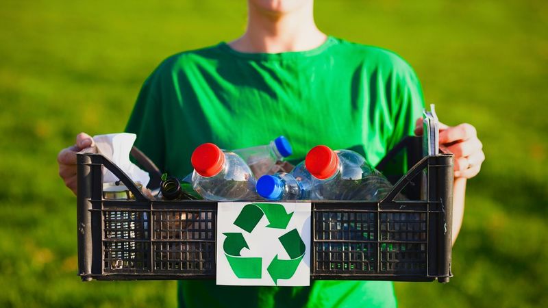 A boy holding a recycling bin filled with plastic bottles  demonstrating waste removal