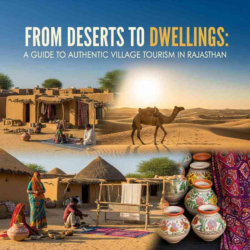 A vibrant banner image for a blog about village tourism in rajasthan. the composite shows a traditional village scene with people and mud huts  a camel walking across a sunlit desert  and close up details of local p