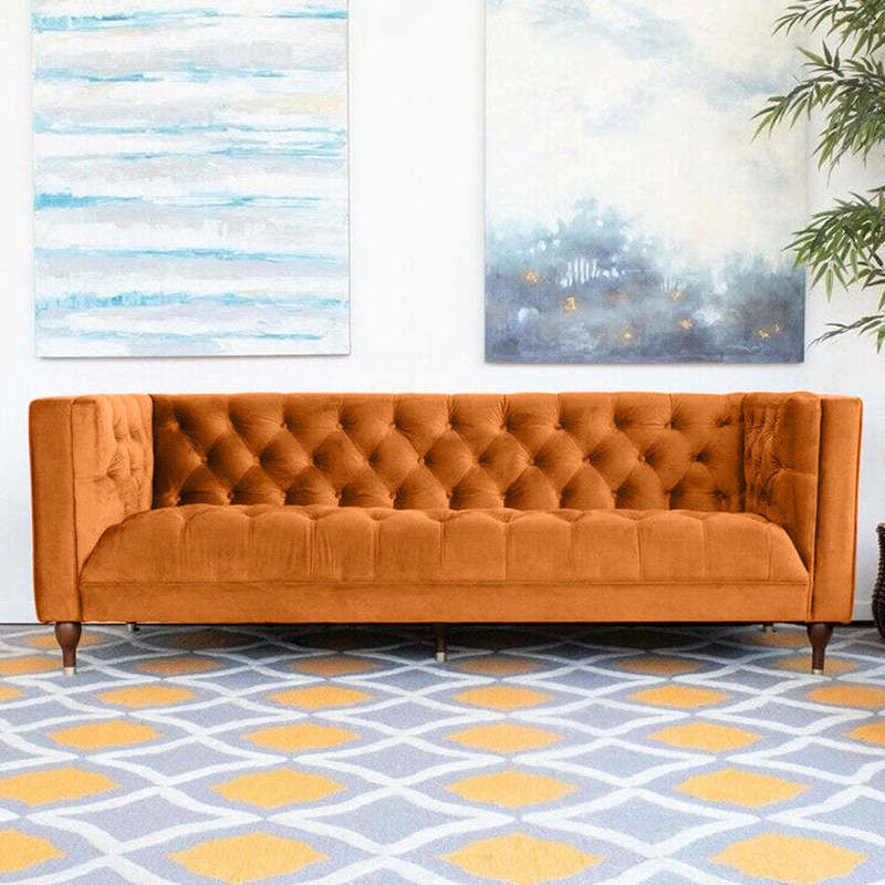 Ector 3-Seater Velvet Tuxedo Arm Sofa - Luxurious Rust Upholstery L220cm x  H86cm x W78cm